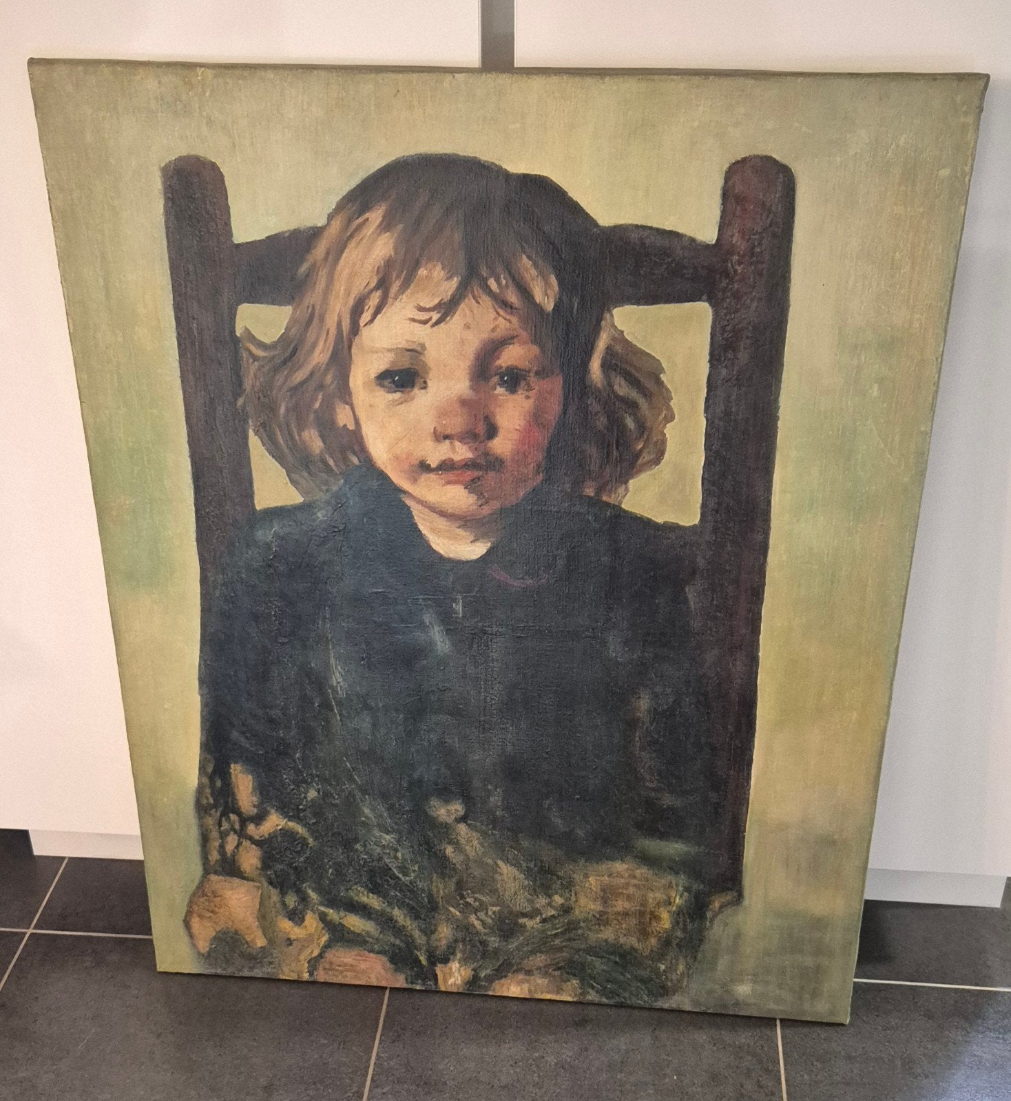 Grande peinture à l'huile vintage — Portrait d'un enfant/100, Antiquités & Art, Peinture à l'huile, Expressionniste, Enlèvement