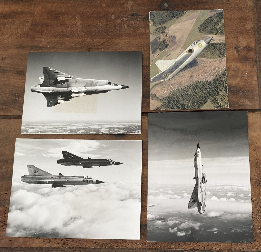 3 Persfoto's + 1 kaart SAAB 35 DRAKEN Fighter, Verzamelen, Verzenden, Gebruikt, Kaart, Foto of Prent