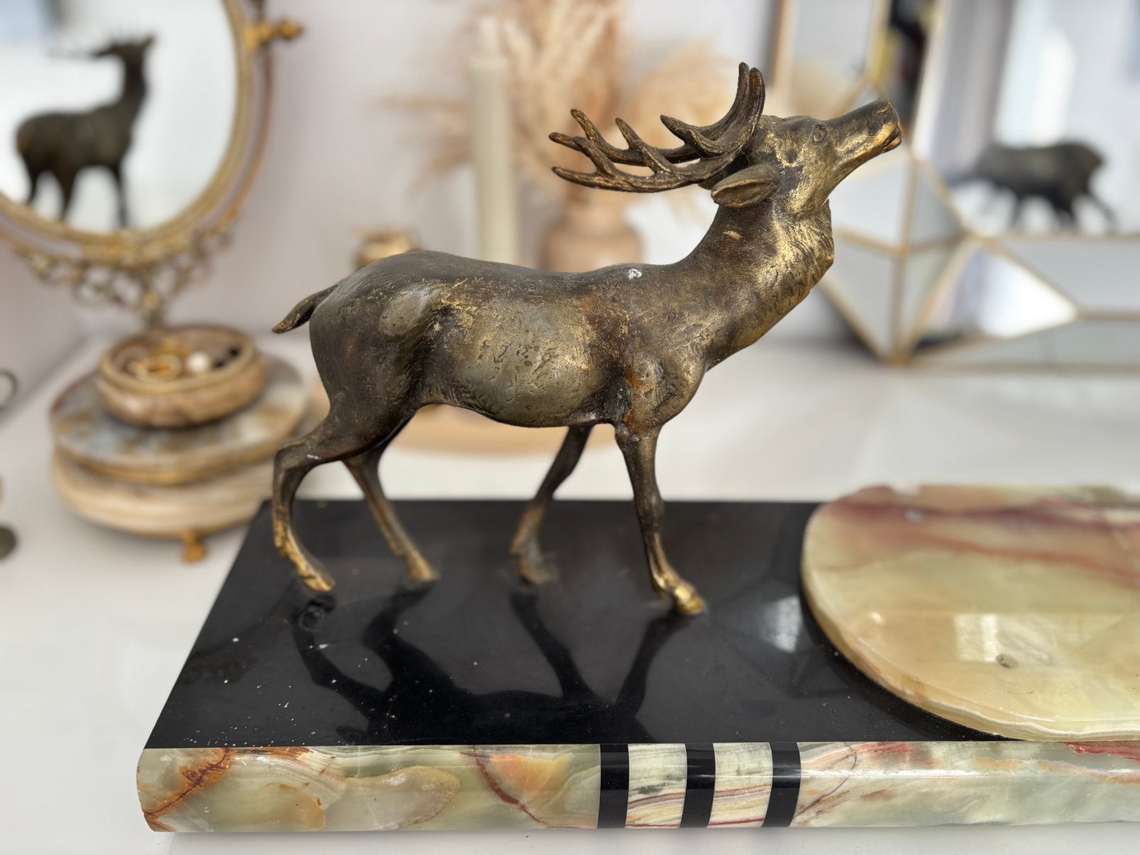 Grande sculpture de cerfs/cervidés vintage socle marbre/onyx, Enlèvement, Bronze