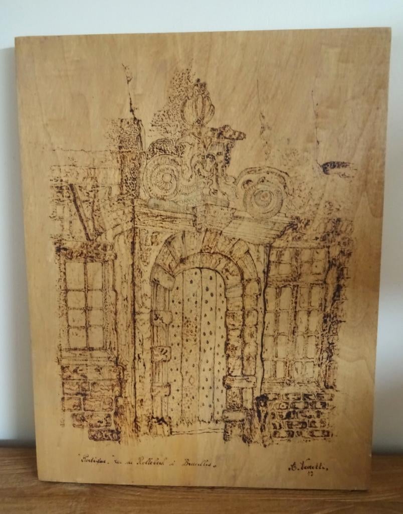 Pyrogravure Varetti '79. Portique Rue de Rollebeek Brussel, Antiquités & Art, Art | Dessins & Photographie, Enlèvement ou Envoi