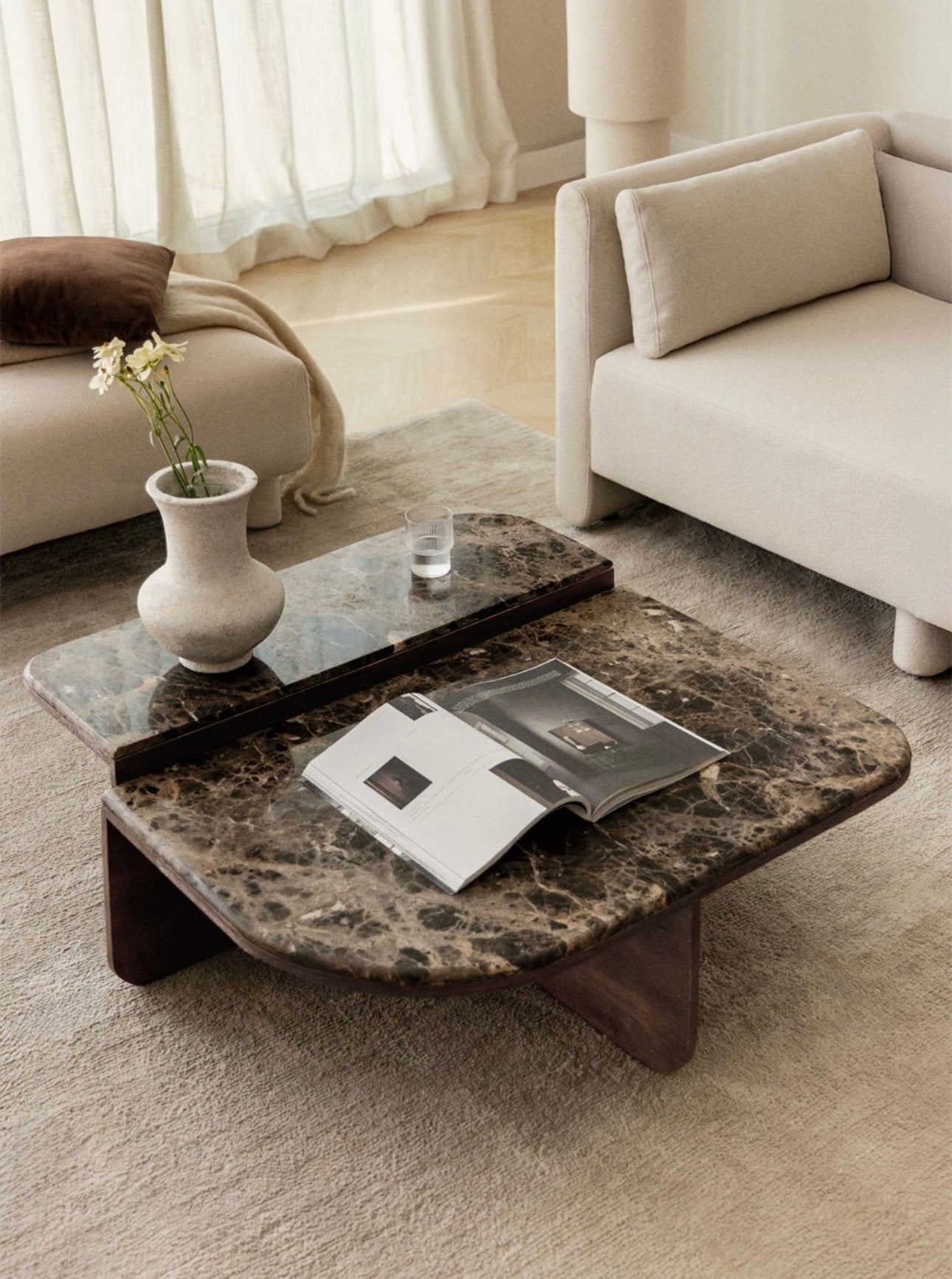 Table basse 90x90 cm en pierre naturelle et bois de manguier, Enlèvement, Neuf