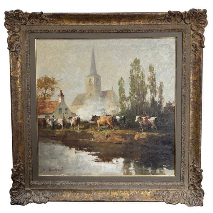 Simon van Gelderen (1905-1986) - Vue du village avec vaches, Antiquités & Art, Art | Peinture | Classique, Enlèvement ou Envoi