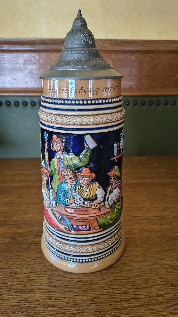Vintage chope à bière allemand en grès couvercle en étain, Enlèvement ou Envoi
