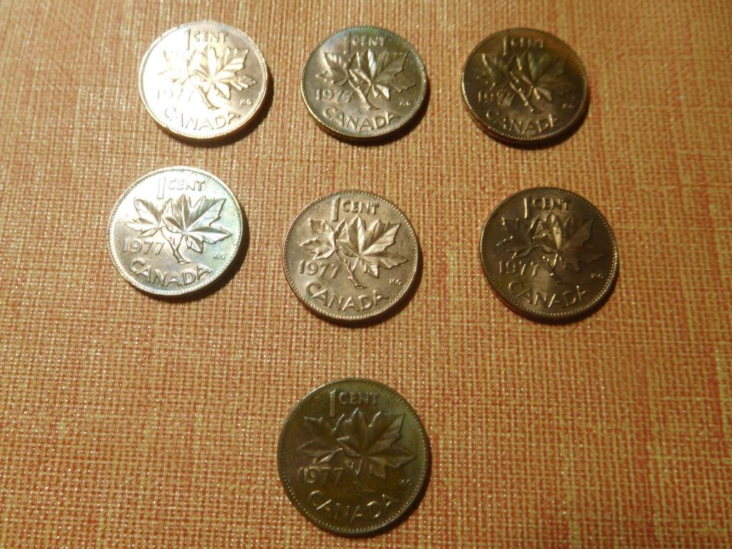 7 munten van 1 cent Canada 1977, Postzegels en Munten, Ophalen of Verzenden