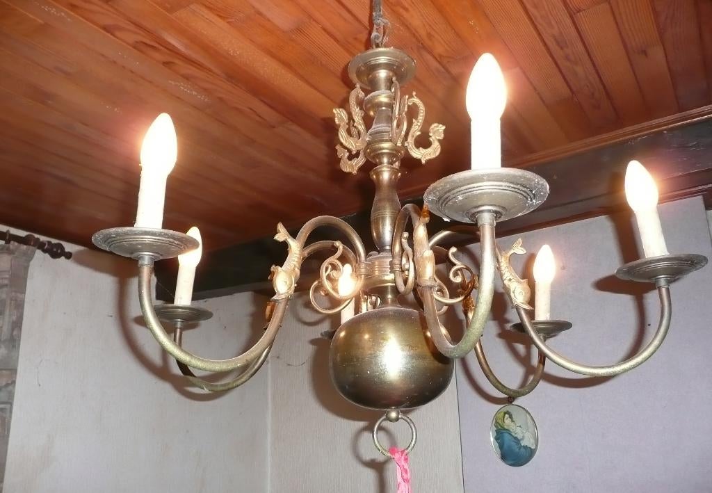 Vintage koperen luster/kroonluchter (6 armen), Huis en Inrichting, Ophalen of Verzenden, Gebruikt, Overige materialen