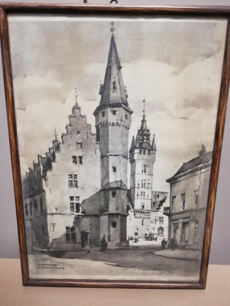 * H. Verbaere: kunstprint: stadhuis Dendermonde, Antiek en Kunst, Ophalen of Verzenden
