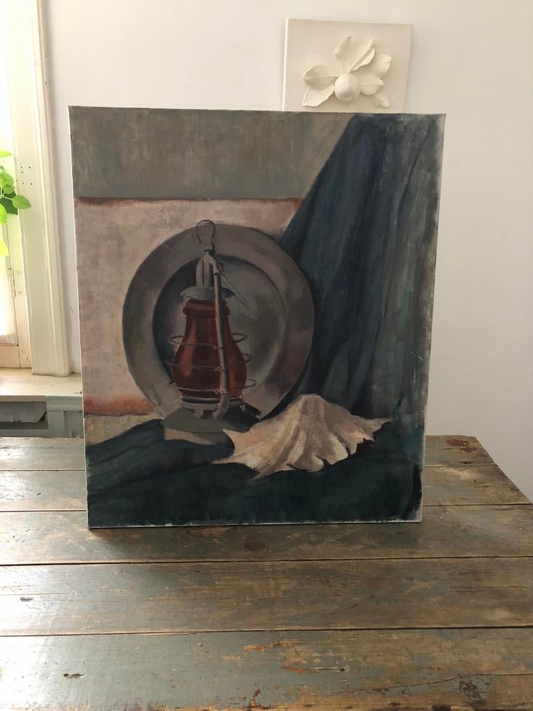 VINTAGE SCHILDERIJ OLIE OP DOEK CANVAS SCHELP, Enlèvement ou Envoi