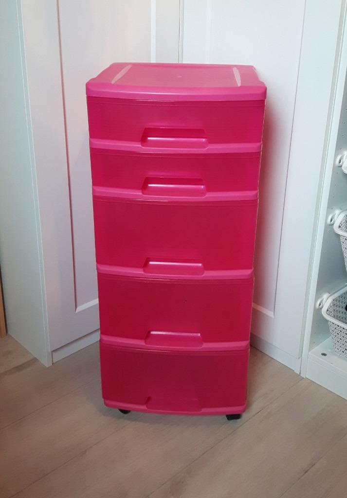 Fuchsia kunststof stevig rek op wielen met 5 ladeboxen, Huis en Inrichting, Ophalen of Verzenden