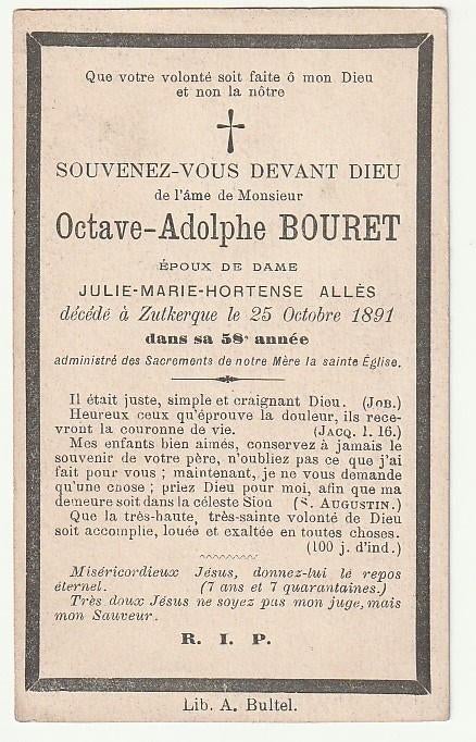 Décès Octave Adolphe BOURET Allès Zutkerque 1891 (France), Verzenden, Bidprentje