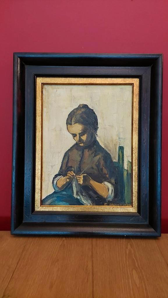 Olieverf op paneel - breiende vrouw - Flora Monsieurs, Ophalen of Verzenden