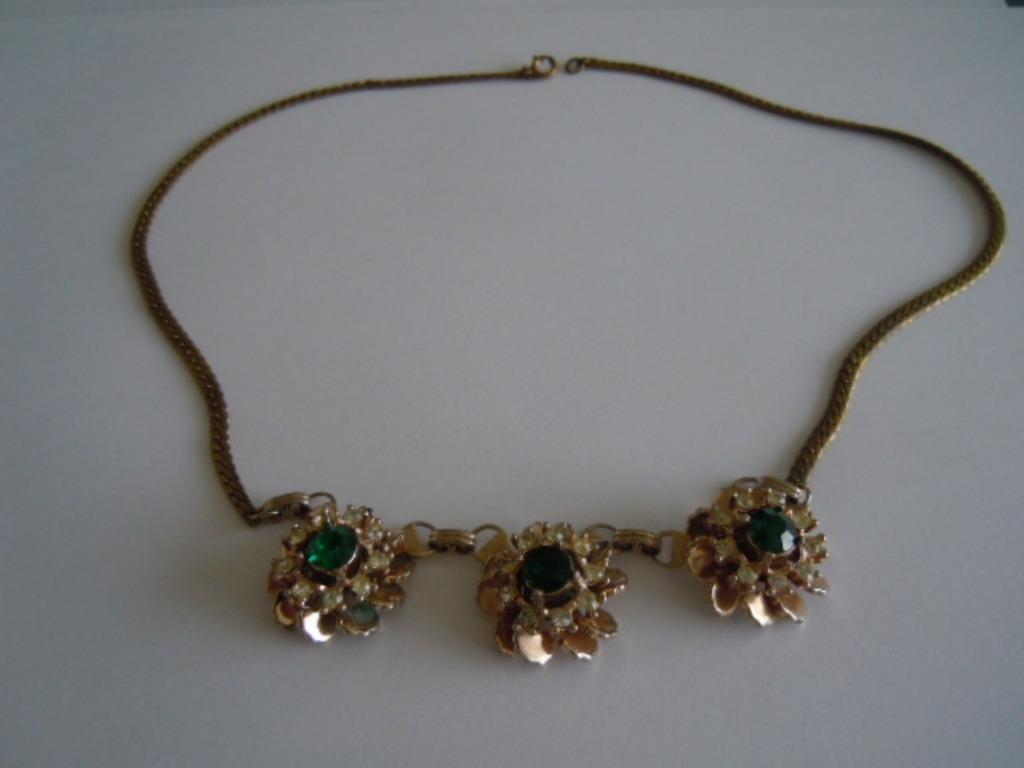 Collier vintage avec strass et verre vert, Enlèvement ou Envoi, Or, Utilisé, Avec strass