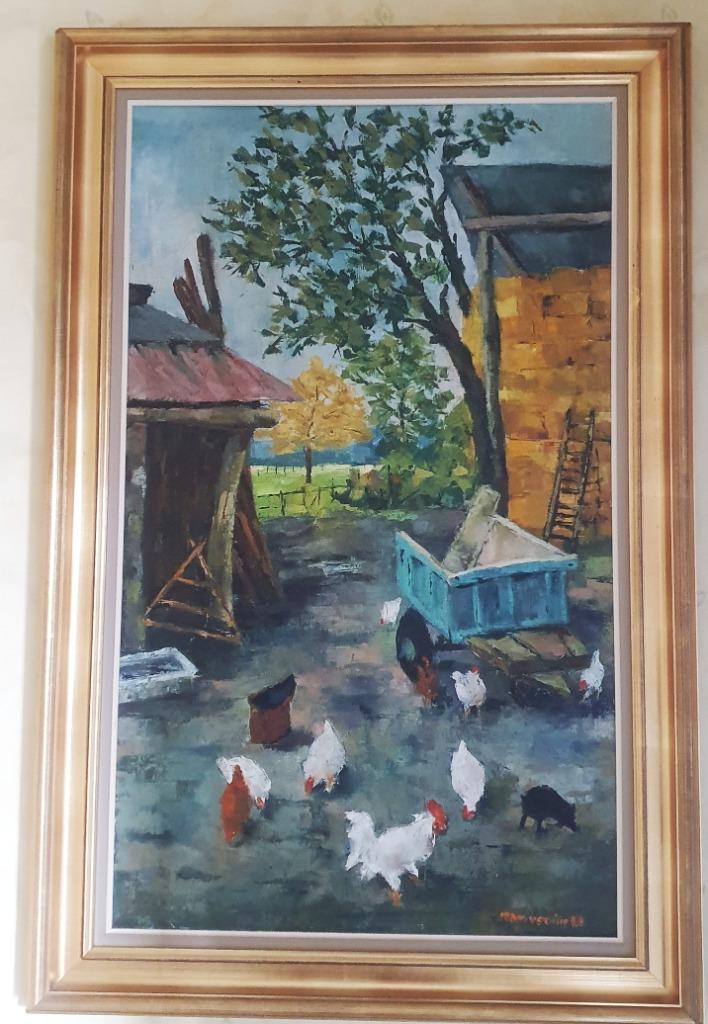 Olieverf schilderij : landelijk boerderij hoeve dieren, Antiek en Kunst, Ophalen of Verzenden
