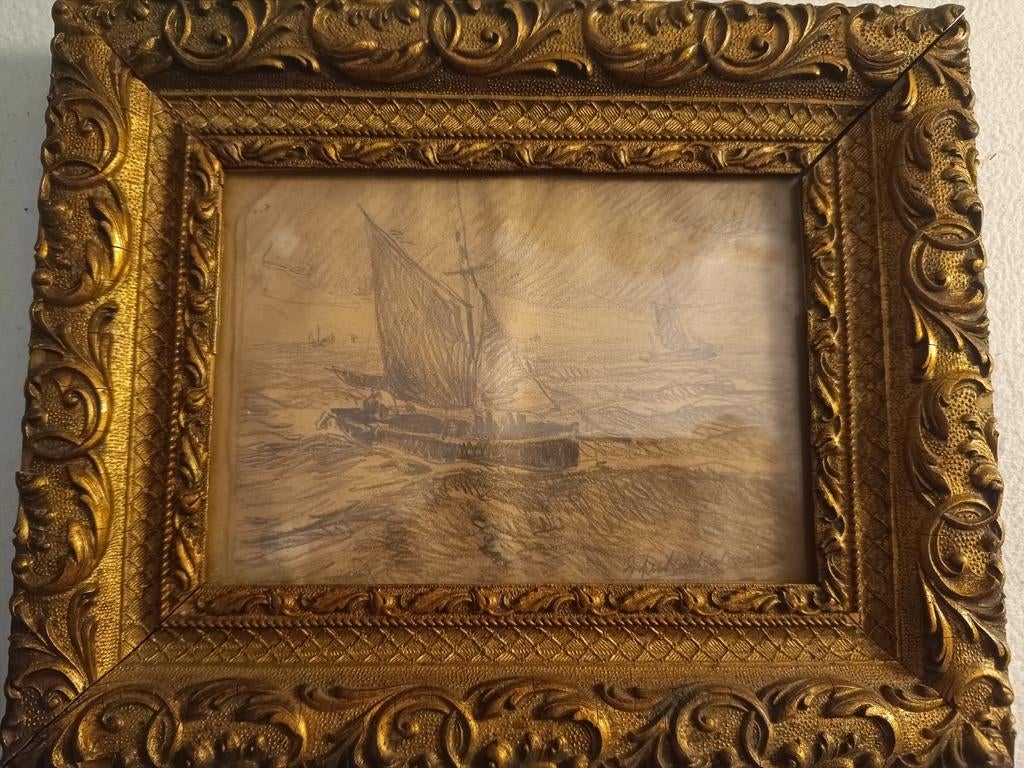 Oud ingelijst schilderij — gebeeldhouwde gouden lijst, Antiek en Kunst, Ophalen of Verzenden