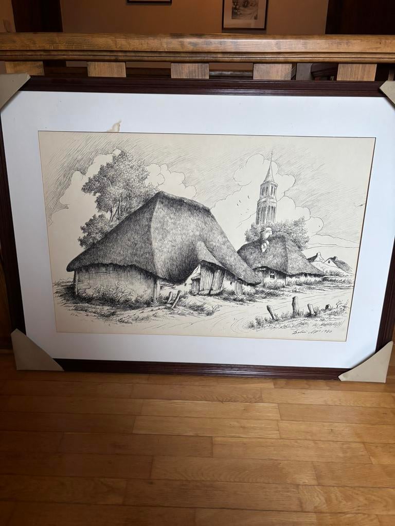 Grote pentekening ingekaderd zonder glas, Ophalen