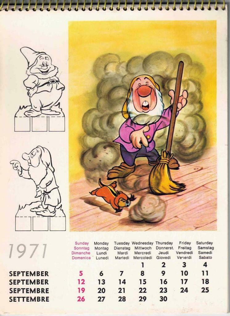 Kalender 1971, sept-dec, Prenten v 7 dwergen e.a. Disney fig, Ophalen of Verzenden, Sneeuwwitje of Doornroosje, Gebruikt, Plaatje of Poster
