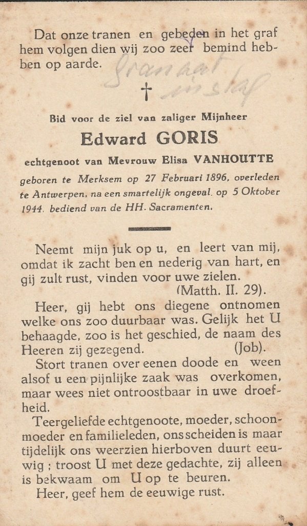 Oorlogsslachtoffer Edward Goris granaatinslag Antwerpen 1944, Verzenden