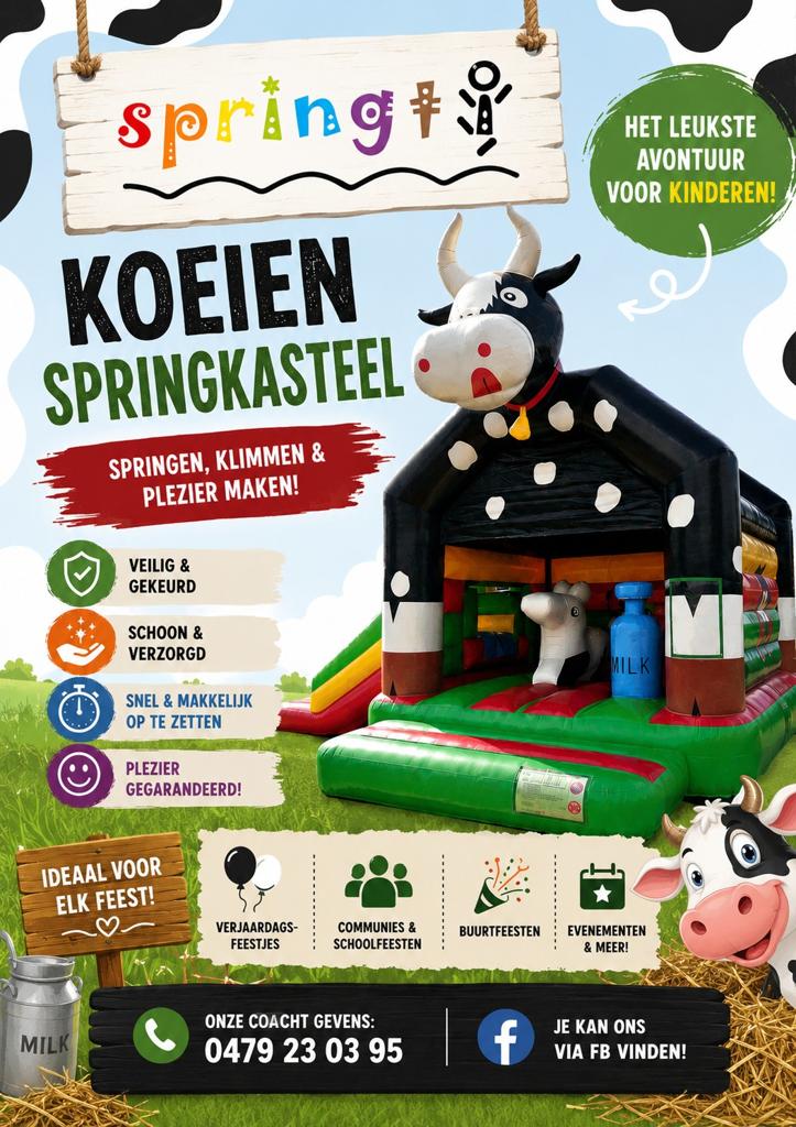 Springkasteel koe met glijbaan te huur, Hobby en Vrije tijd, Gezelschapsspellen | Overige, Ophalen
