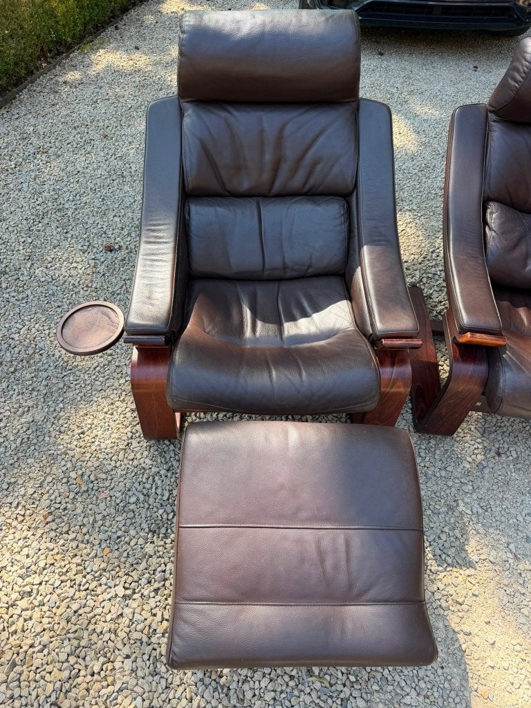 ROCHE BOBOIS, 2 mooie vintage zetels, bruin leder jaren 70, Huis en Inrichting, Ophalen, Gebruikt, Hout