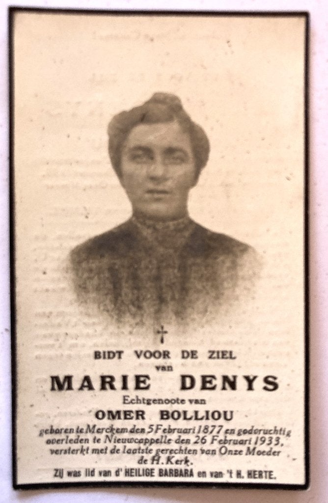 Oud bidprentje met foto van Marie Denys, Enlèvement ou Envoi, Image pieuse