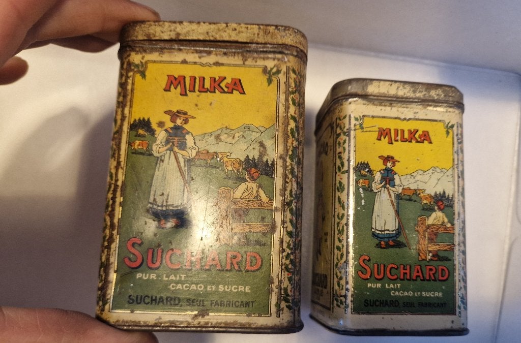 2 boites Milka Suchard en tôle, Collections, Envoi, Utilisé