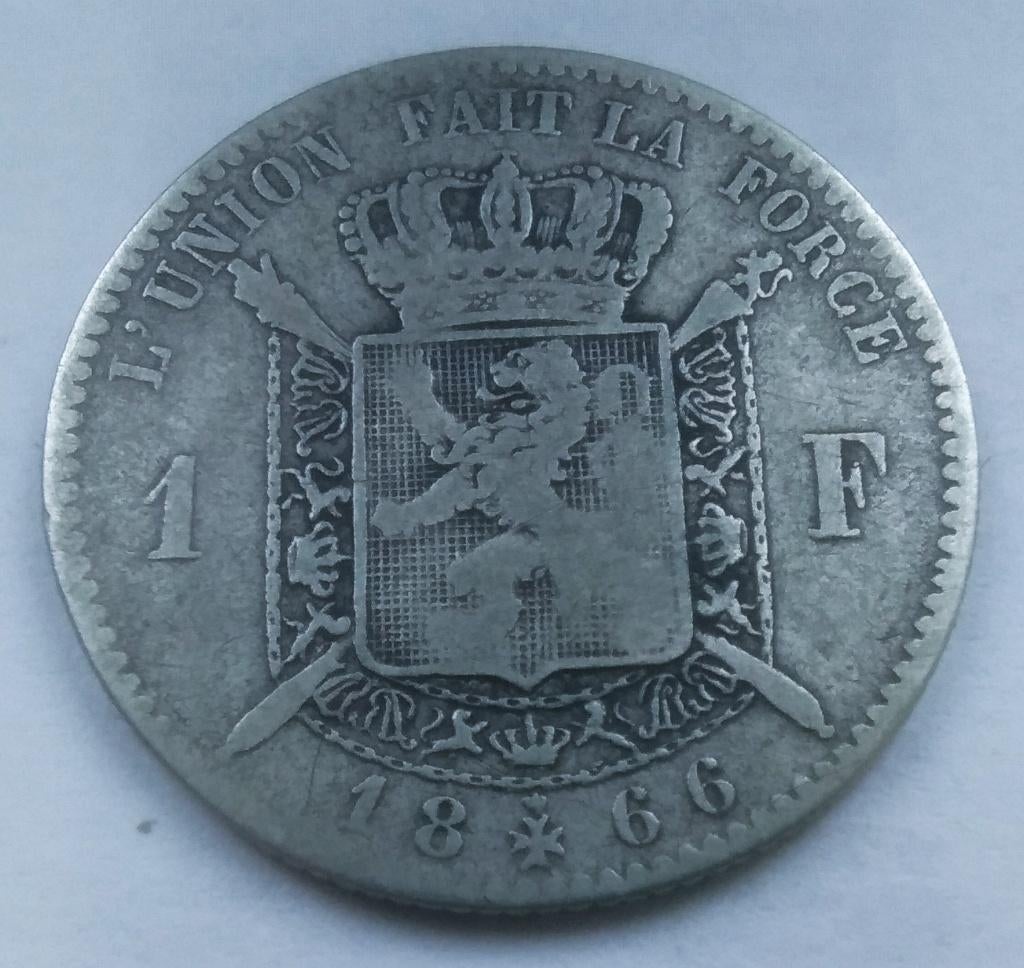 België 1 frank 1866 FRA - Leopold 2, Zilver, Ophalen of Verzenden, Losse munt, Zilver