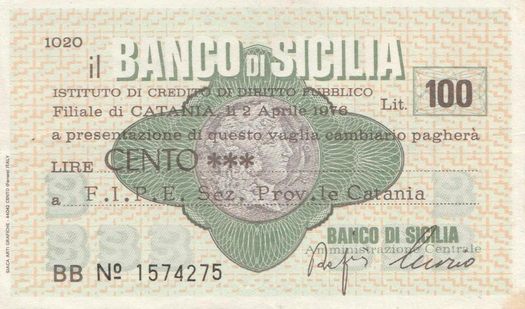 Italia 2 Mini-cheques 100 en 150 lire Banco di Sicilia 1976, Postzegels en Munten, Bankbiljetten | Europa | Niet-Eurobiljetten