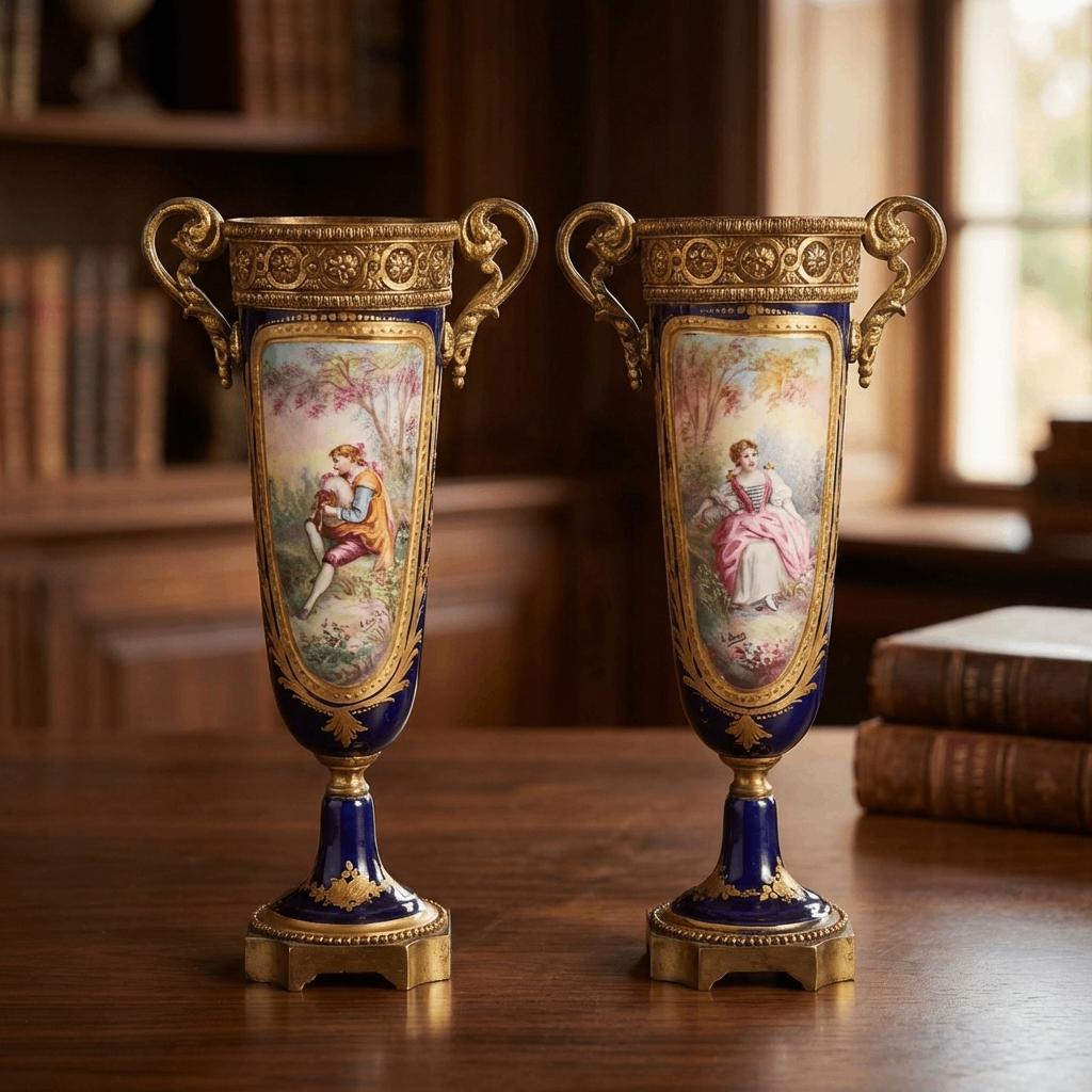 Vases à Anses en Porcelaine "Bleu de Sèvres" et Bronze Doré, Enlèvement ou Envoi