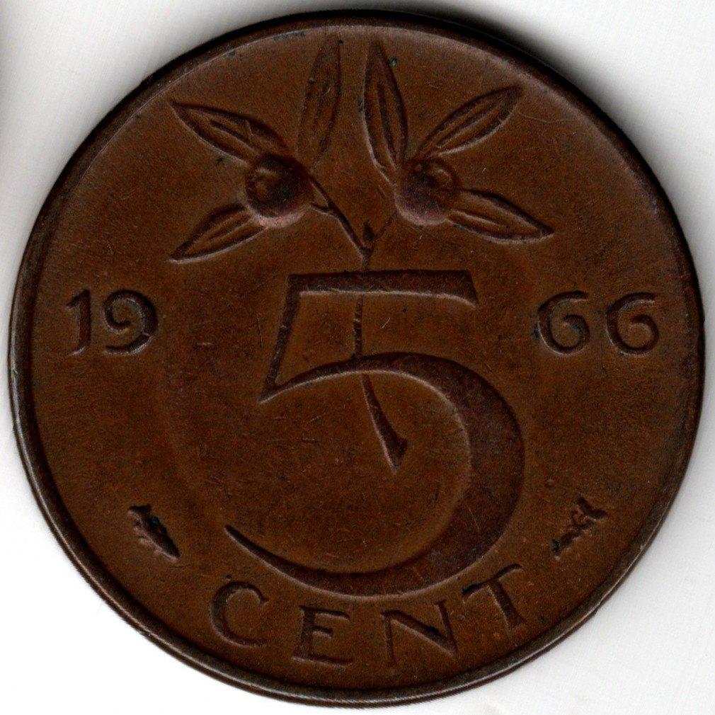 Nederland : 5 Cent 1966 - 9 Lange Staart KM#181 Ref 16684, Ophalen of Verzenden, Koningin Juliana, 5 cent, Losse munt