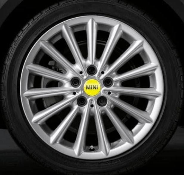 Mini naaf embleem logo set velg 56mm bright yellow nieuw 361, -, Origine de la pièce connue, -, -