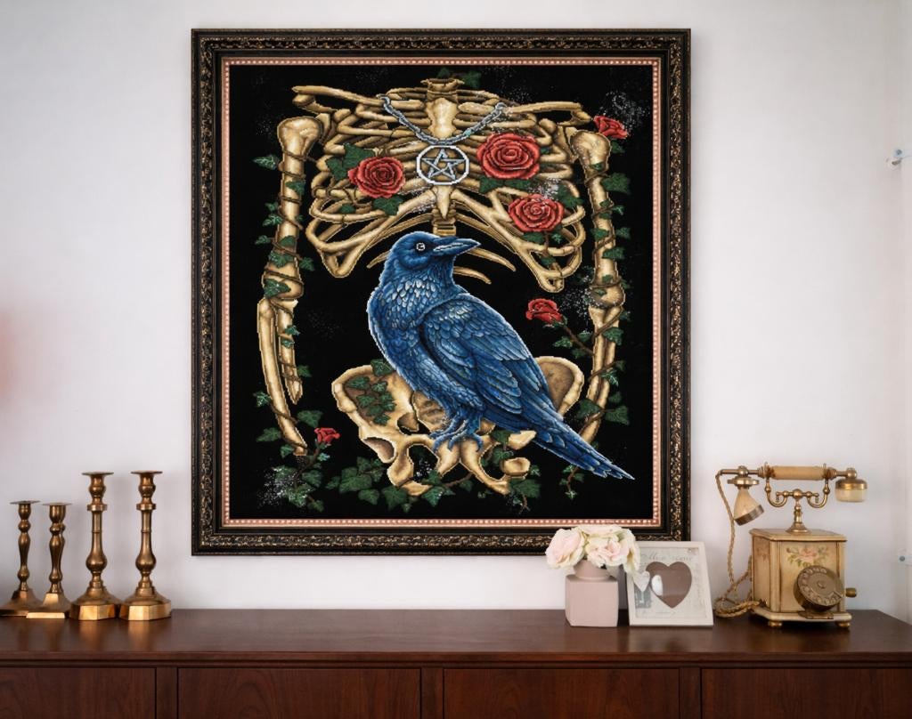 Decoratie schilderij gothic met raaf en skelet Corvus, Huis en Inrichting, Overige typen, Nieuw, Ophalen of Verzenden, 75 cm of meer