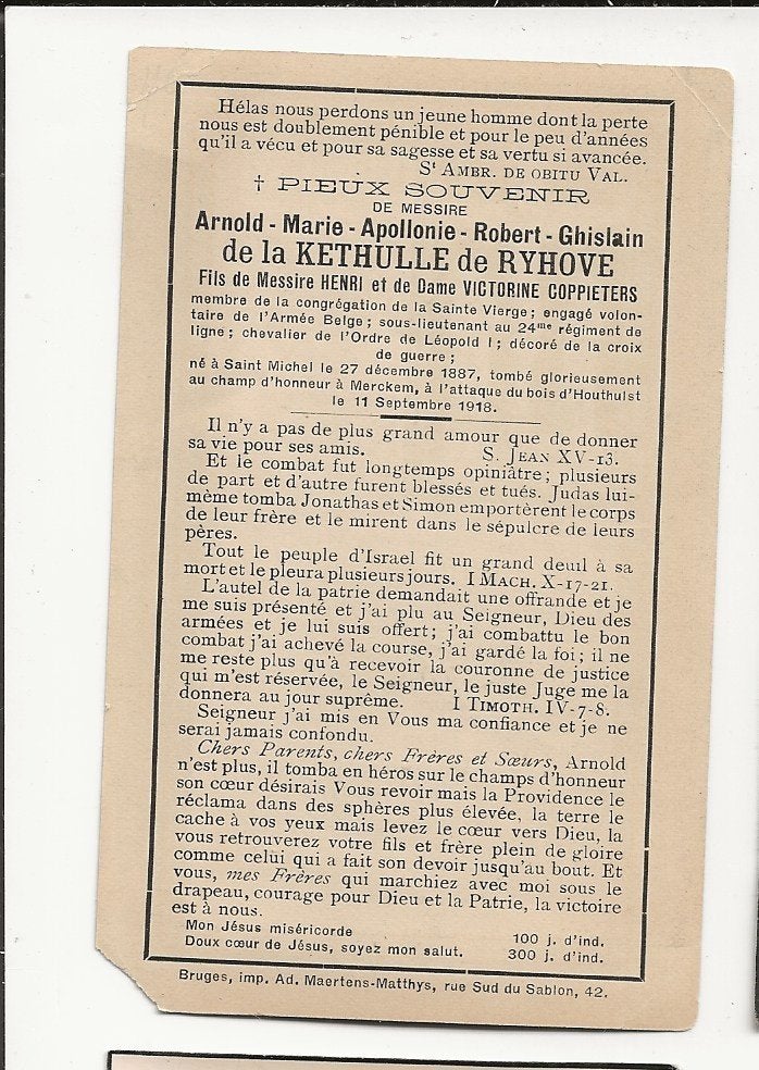 ww1 o/l 24e linie adel la kethulle +1918 houthulst, Verzamelen, Bidprentjes en Rouwkaarten, Ophalen of Verzenden, Bidprentje