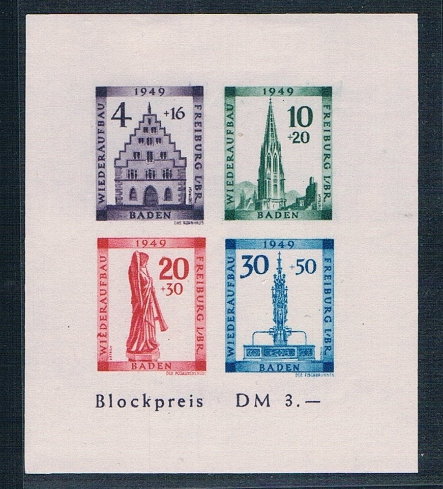 Baden Blok 1B met plaatfout VI met scharnier in blokrand, Postzegels en Munten, Ophalen of Verzenden, Overige periodes