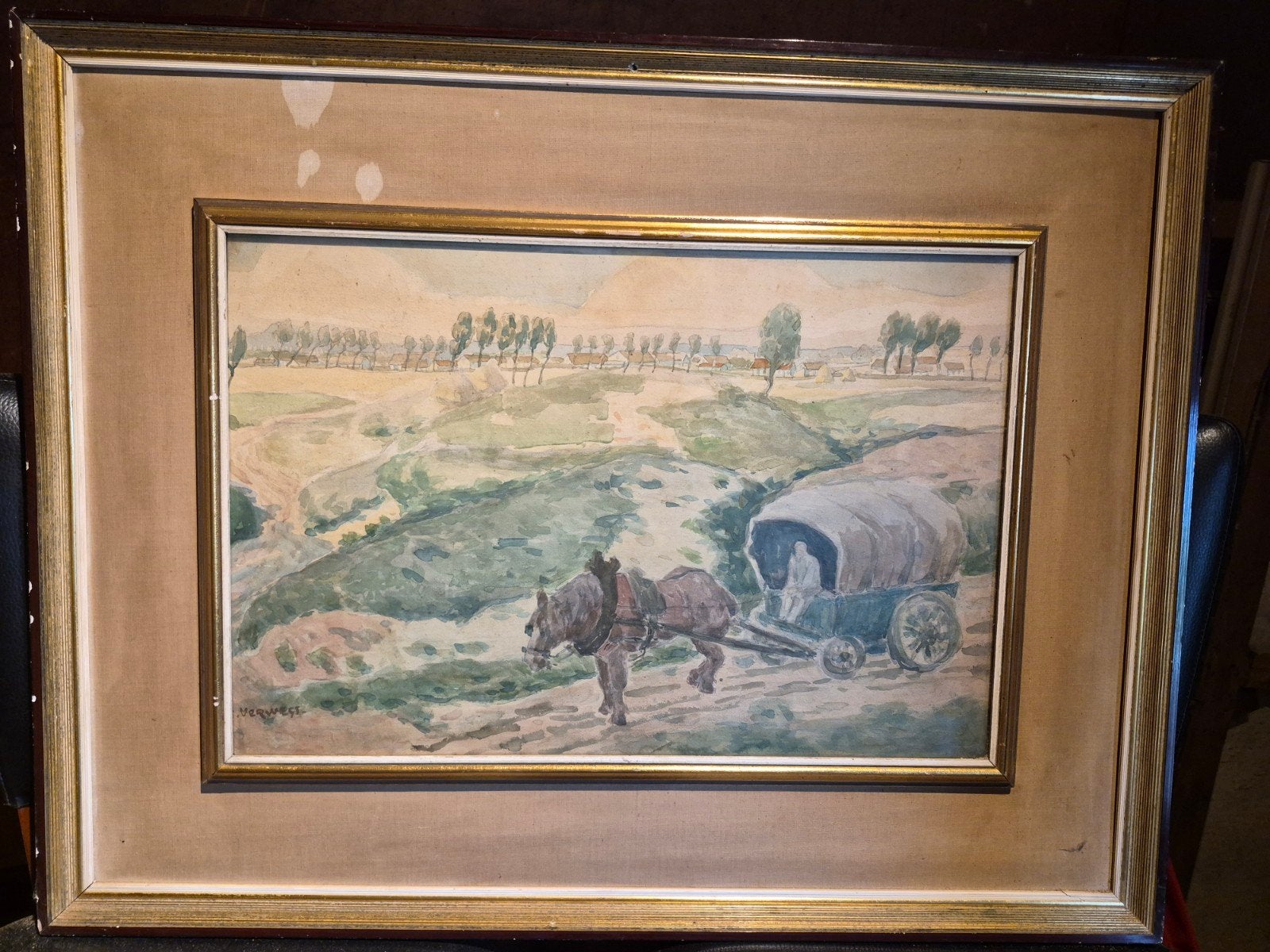 Sfeervolle Aquarel Verwest – Landelijk Tafereel met Huifkar, Antiek en Kunst, Ophalen, Achter glas, Landschap, Klassiek