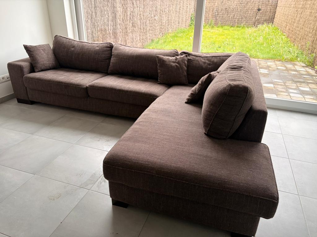 Canapé d'angle en tissu marron en bon état, Enlèvement, Utilisé, Tissus, Landelijk