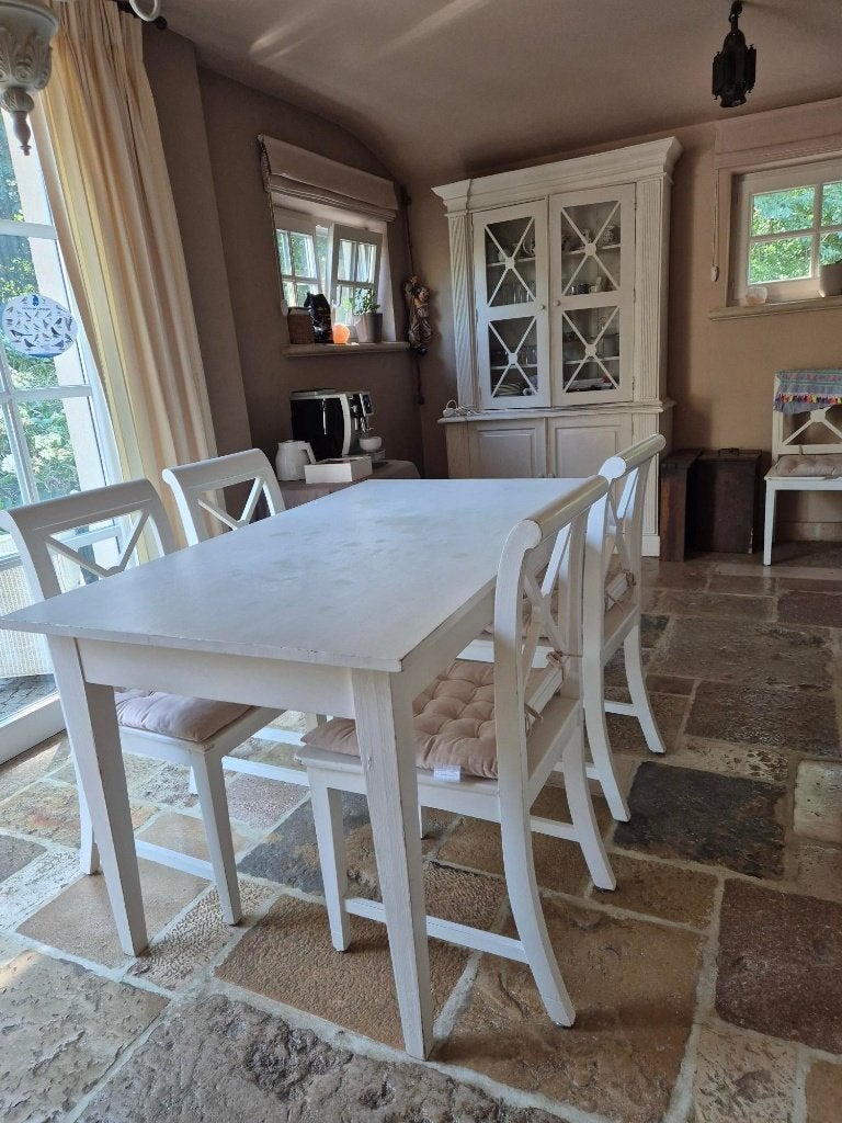 Houten tafel wit met 6 stoelen, Huis en Inrichting, Ophalen, Gebruikt, 100 tot 150 cm, Vijf personen of meer