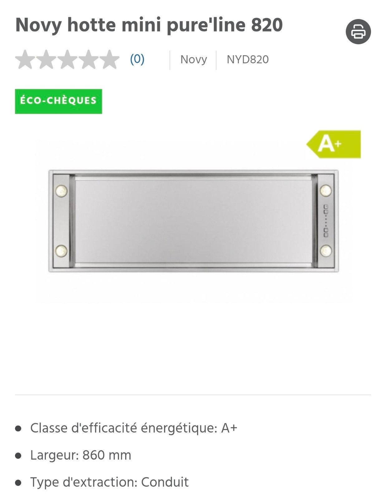 NOVY Mini Pure Line 86cm roestvrijstalen plafondkap., Ophalen, Onderbouw afzuigkap, Motor, Inbouw