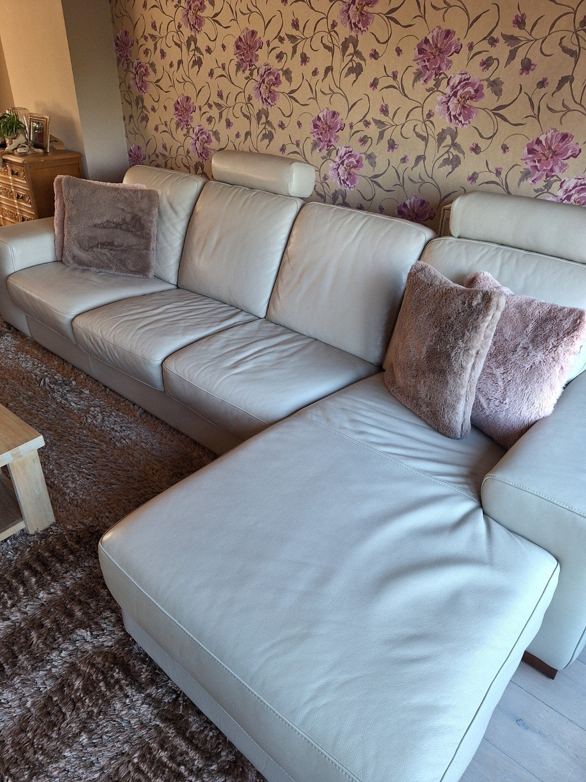 Ecrukleurige, lederen longchair zetel 3 meter, Ophalen