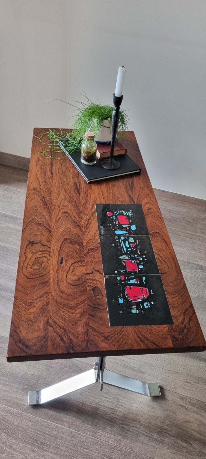 Vintage salontafel | jaren ’60/’70 | hout, chroom & keramiek, Huis en Inrichting, Ophalen, Minder dan 50 cm, Gebruikt, 100 tot 150 cm