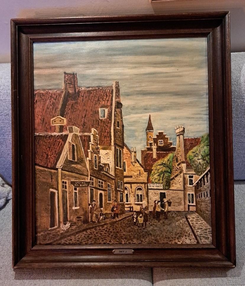 Peinture ancienne « Vue sur le village », signée J. Saey, Enlèvement ou Envoi