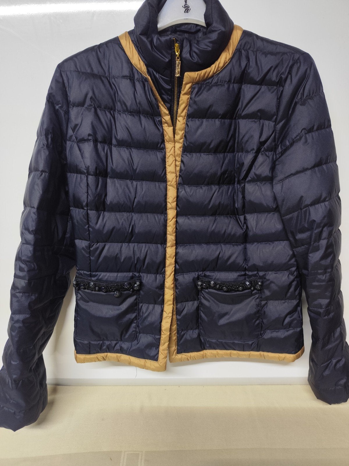River Woods donker blauwe jas met bruin afgewerkt. Maat L., Ophalen, Maat 42/44 (L), Bruin
