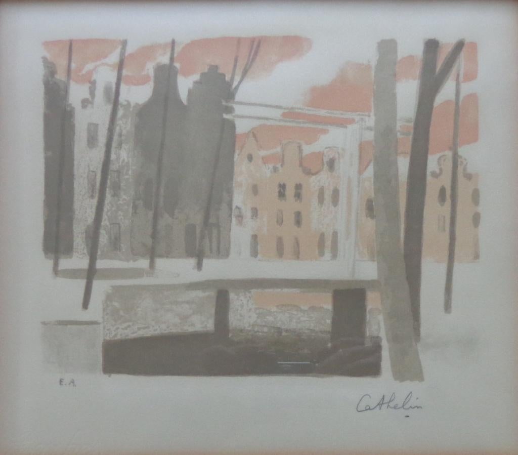 BERNARD CATHELIN / STADSZICHT / KLEURLITHO / 47x51cm / KADER, Signé, Enlèvement ou Envoi