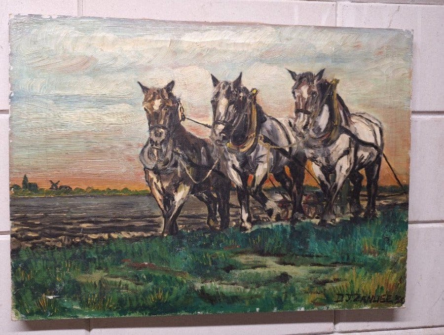 Drie werkpaarden in Zeeuws landschap, olieverf op doek, 1950, Antiek en Kunst, Doek, Realistisch, Ophalen of Verzenden, Landschap