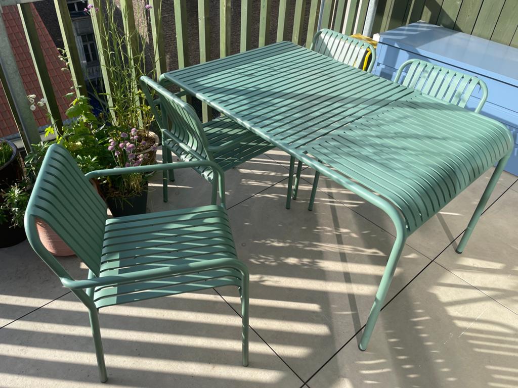 Tuintafel en fauteuils, Tuin en Terras, Tuintafels, Ophalen, Zo goed als nieuw, Rechthoekig, Aluminium