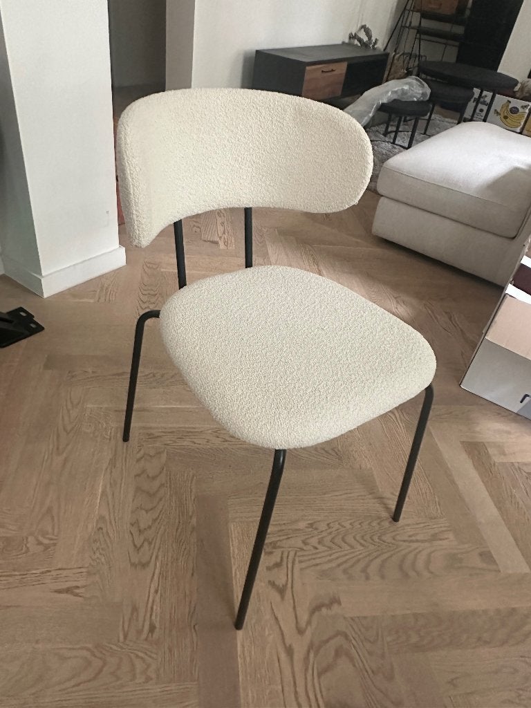 6 bouclé eetkamerstoelen (crème/wit), Huis en Inrichting, Stoelen, Zo goed als nieuw, Vijf, Zes of meer stoelen, Metaal, Stof