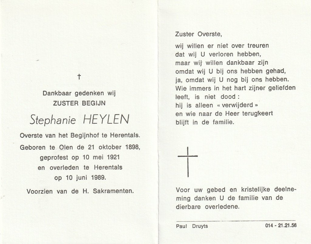 Begijn Stephanie Heylen Olen 1898  Herentals 1989, Ophalen of Verzenden