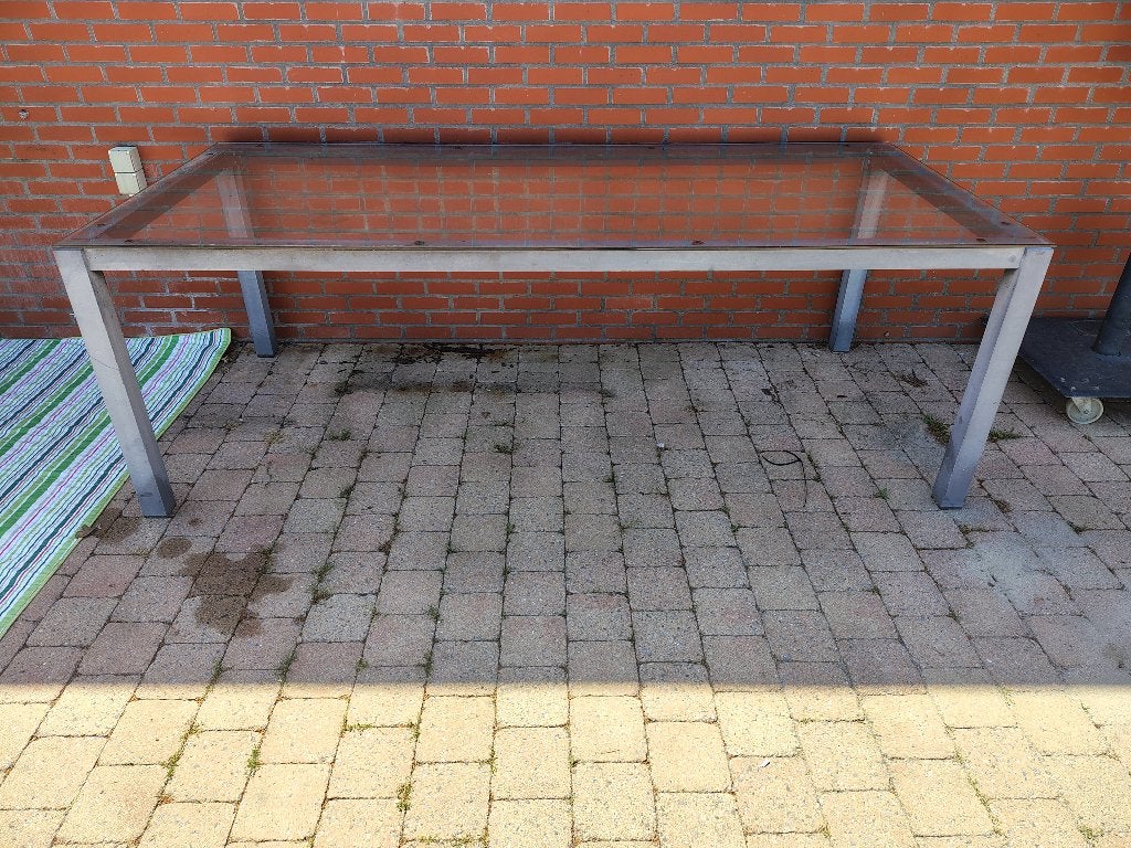 Buitentafel met glazen blad, Ophalen, Gebruikt, Rechthoekig, Aluminium