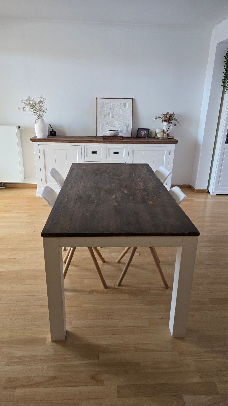 Table de salle à manger style campagne blanc/bois foncé, Enlèvement, Utilisé