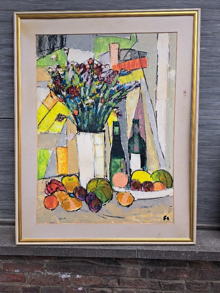huile sur carton nature morte monograme pierre fievet, Antiquités & Art, Enlèvement, Nature morte