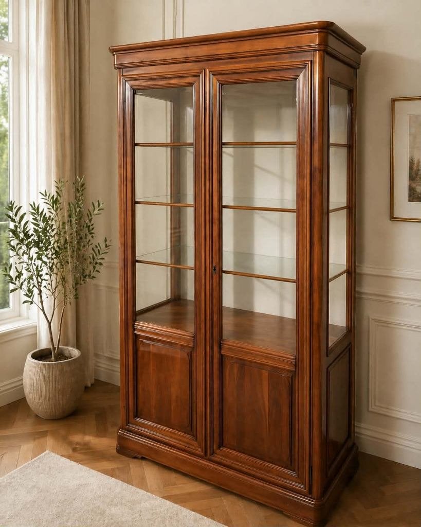 Elegante vitrinekast warm kersenhout, Ophalen, 100 tot 150 cm, Zo goed als nieuw, Kersenhout