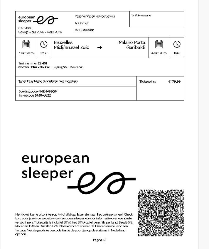 2 treinticketten nachttrein Brussel Milaan 3 oktober, Vakantie